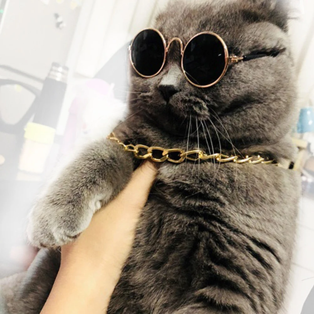 

4pcs Pet Necklace Metal Chain Pendant Sunglasses Jewelry Straw Hat Tie For Dogs Accessories Party Photo Gift ( Sunglasses,