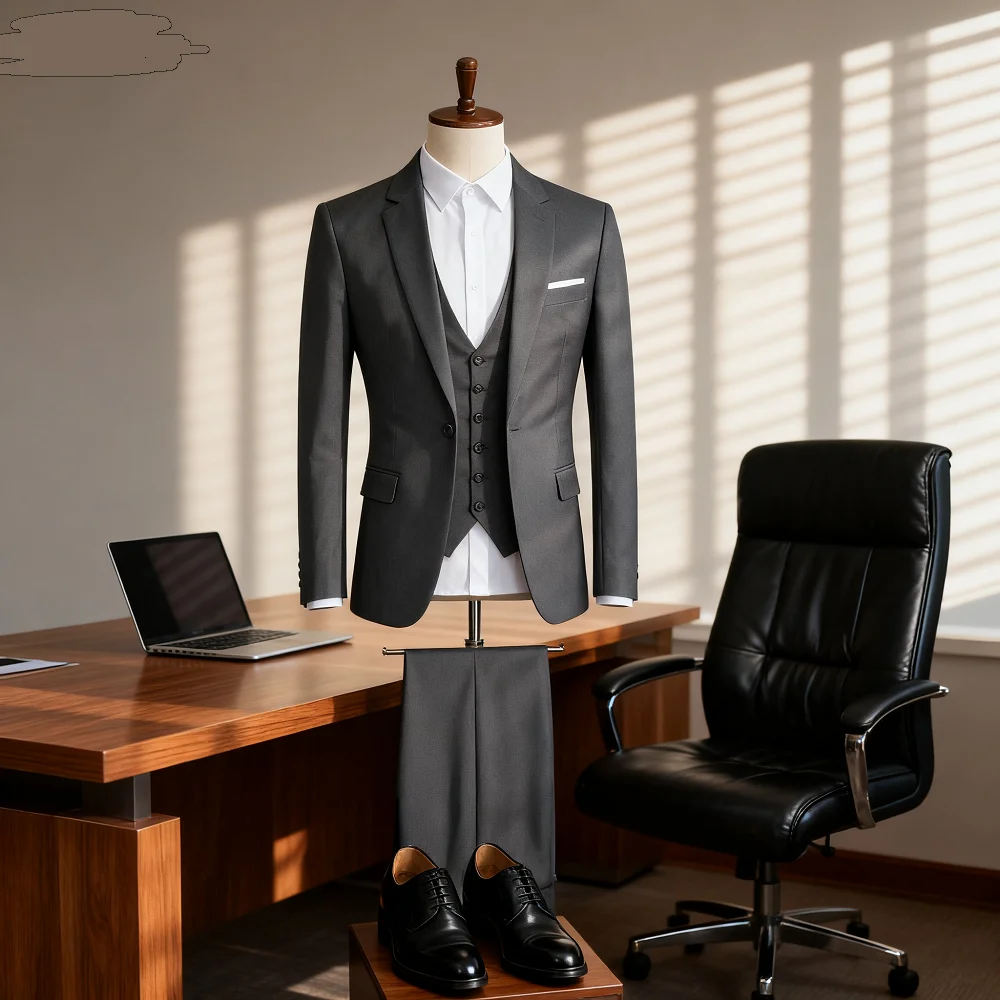 

3-Piece Slim Fit Men's Tuxedo Suit Double Breasted Blazer Vest And Pants Set for Wedding Groom Business Party