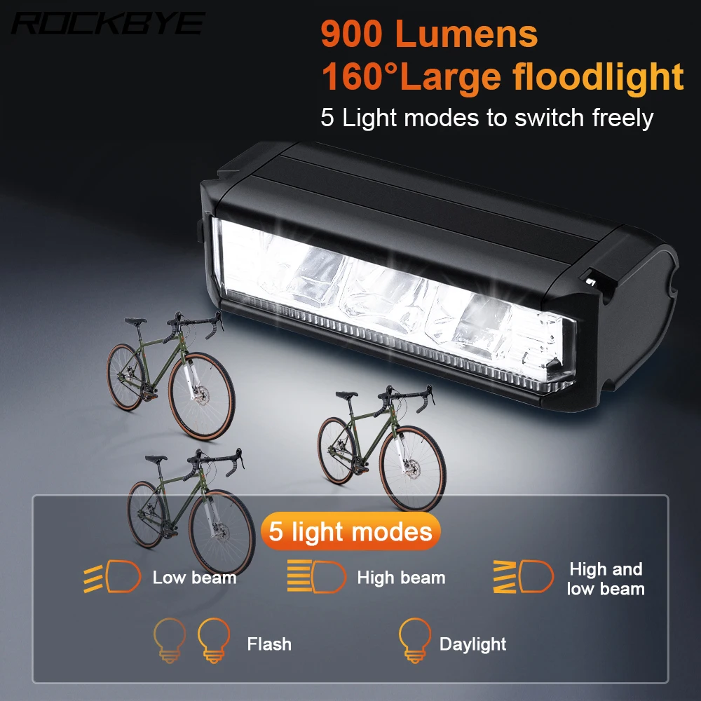 Rockbye Led Bicycle Front Light Rechargeable 2000mAh Bike Headlight 900Lm 5 Modes MTB Road Cycling Lamp Accessories