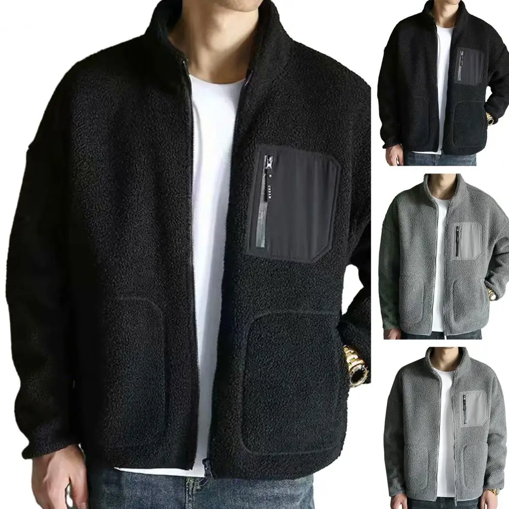 

Men Thickened Velvet Jacket Men's Imitation Lambswool Coat Warm Winter Outwear with Stand Collar Polar Fleece Jacket for Casual