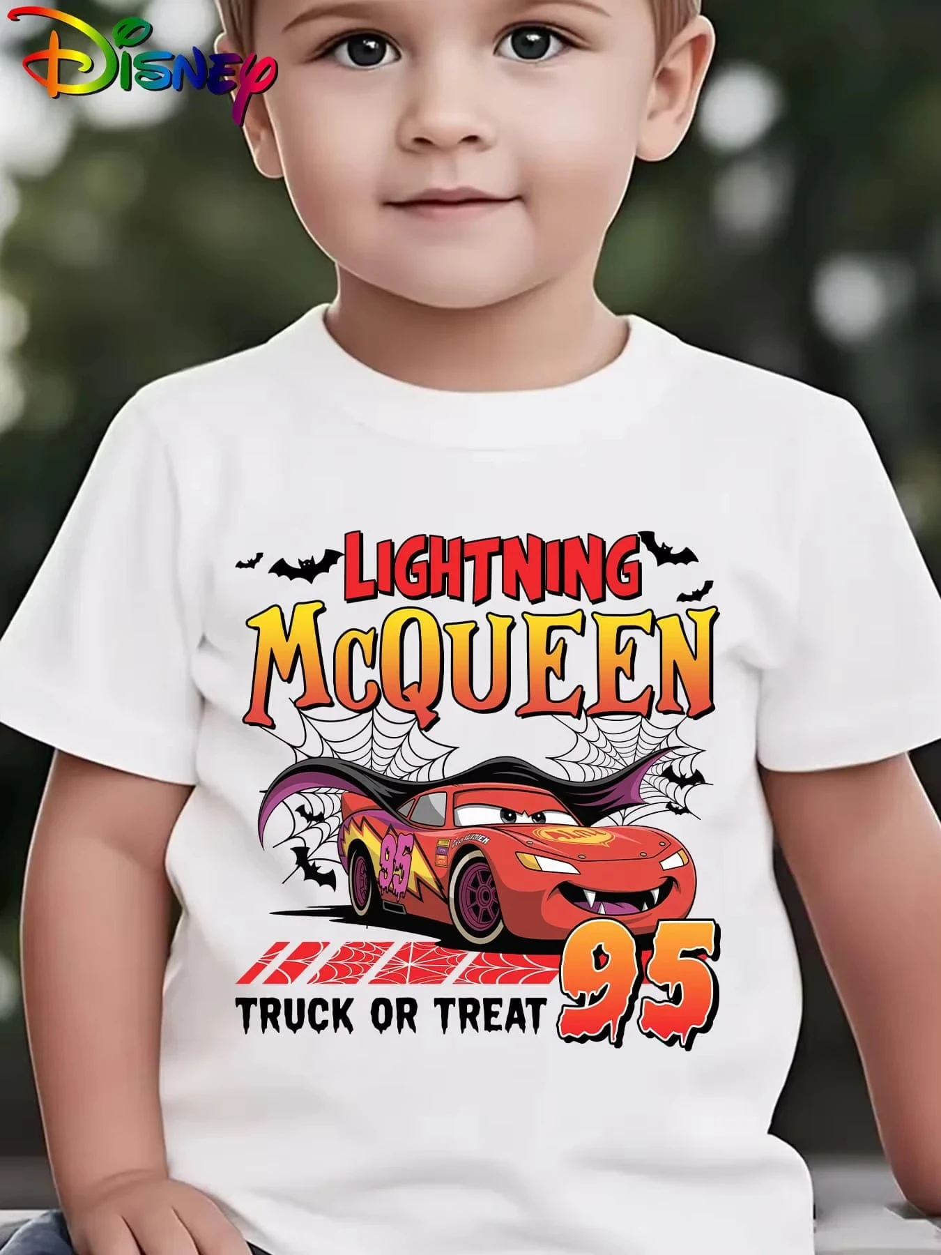 

Футболка с принтом Disney Lightning McQueen на Хэллоуин, повседневные топы для мальчиков, подходящие для всей семьи, из чистого хлопка, с круглым вырезом и короткими рукавами