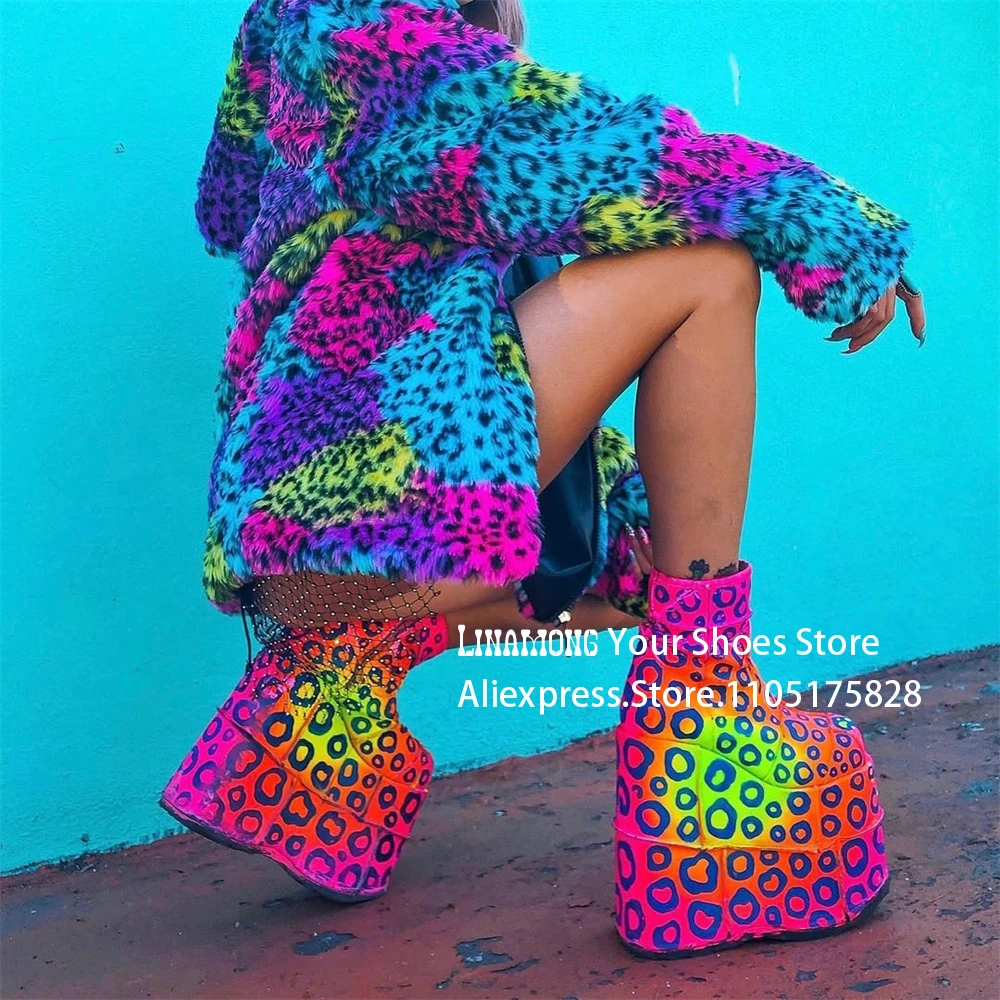 

Iridescent Leopard Print Platform Booties Super High Heeled Slip on Ankle Boots Fashionable Style Ultra High Stacked Women Boots