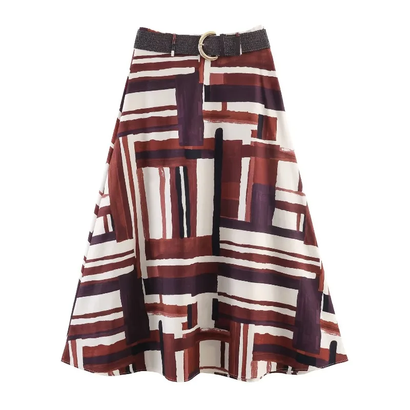 

Fashion elegant belt high waisted A-line Maxi Skirt Summer Women's Skirt irregular striped Skirt Casual Loose Women Clothing