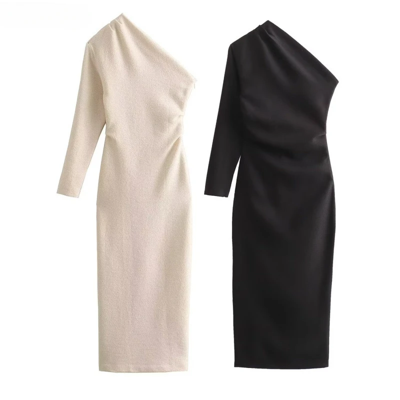 Fashionable Temperament Sloping Shoulder Collar Long Sleeved Waist Cinched Solid Color Dress