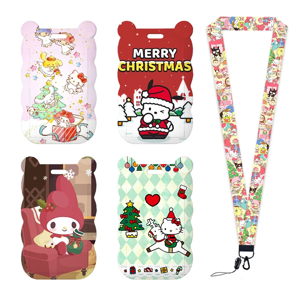 Porte-carte de noël Hello Kitty Sanrio, Badge de travail, sangle de cou, bobine en acrylique à paillettes, protecteur de carte