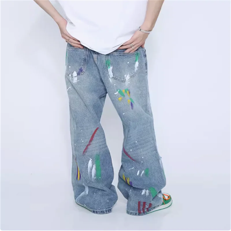 Minority splash paint design Korean style loose straight tube blue big hole jeans fashion brand men and women