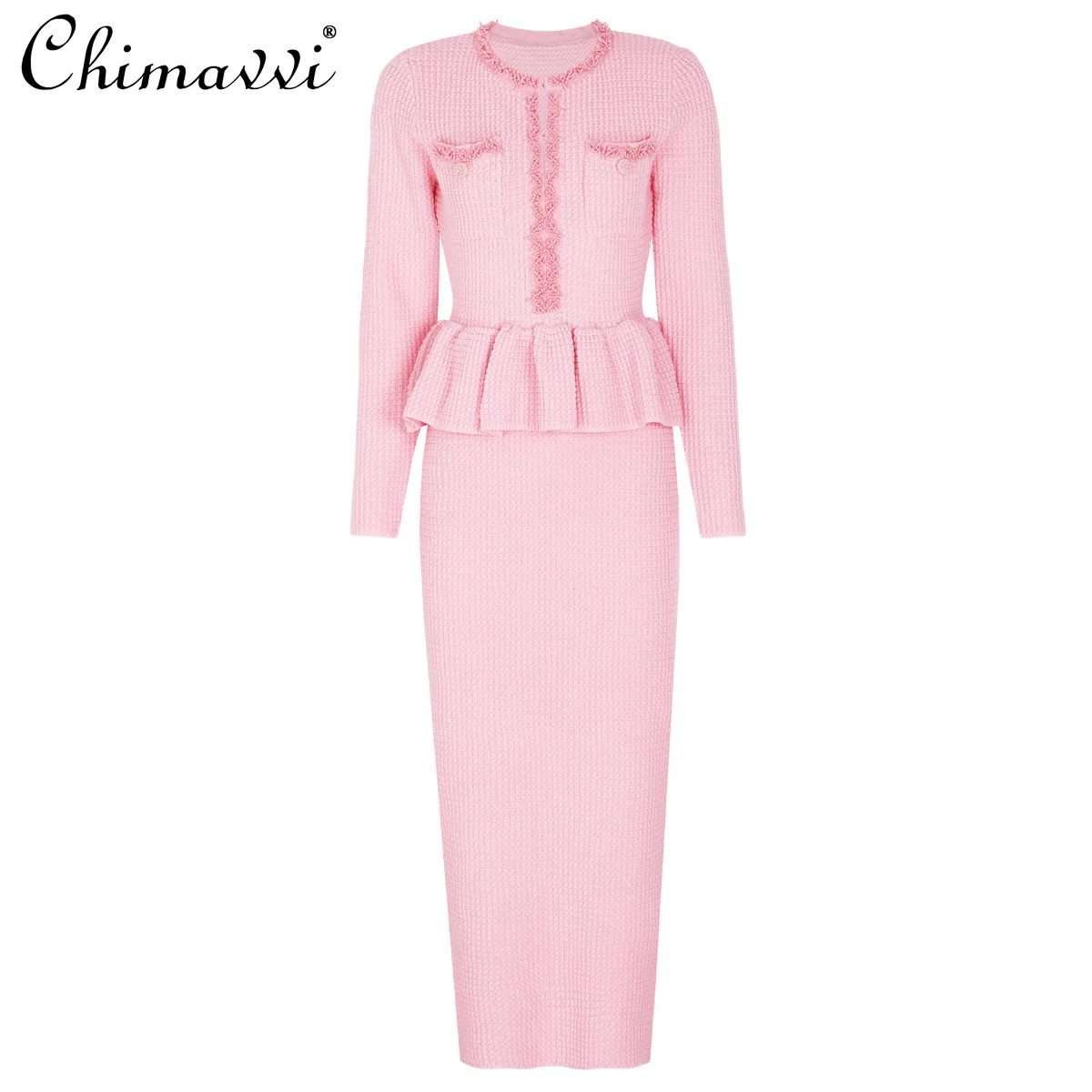 

Spring and Autumn New Fashion Knitted Beaded Round Neck Slim Long Sleeve Dress High-end Elegant High Waist Long Dress Women
