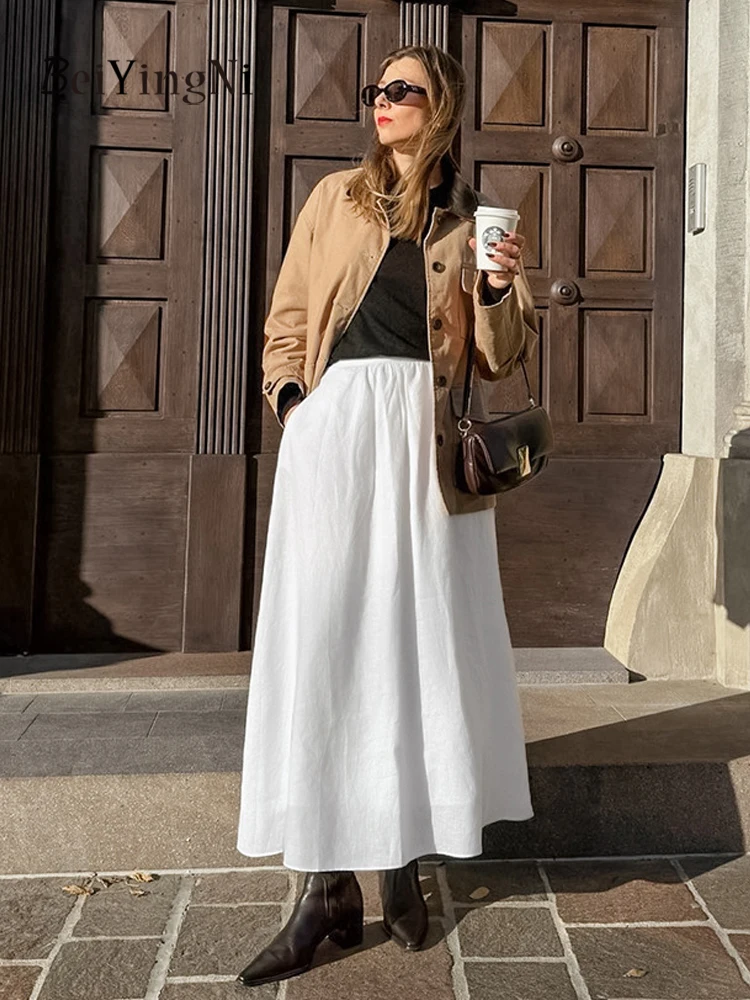 

Beiyingni White Cotton Linen Long Skirts for Women Solid Color Commute Elegant High Waist A-line Skirt Female Retro Elegant Jupe