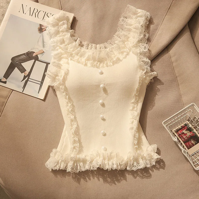 Korean Lace Patchwork Crop Top Women U-Neck Knitted Stretch Tank Top 2025 Summer Female White Lace Stretch Cami image 6