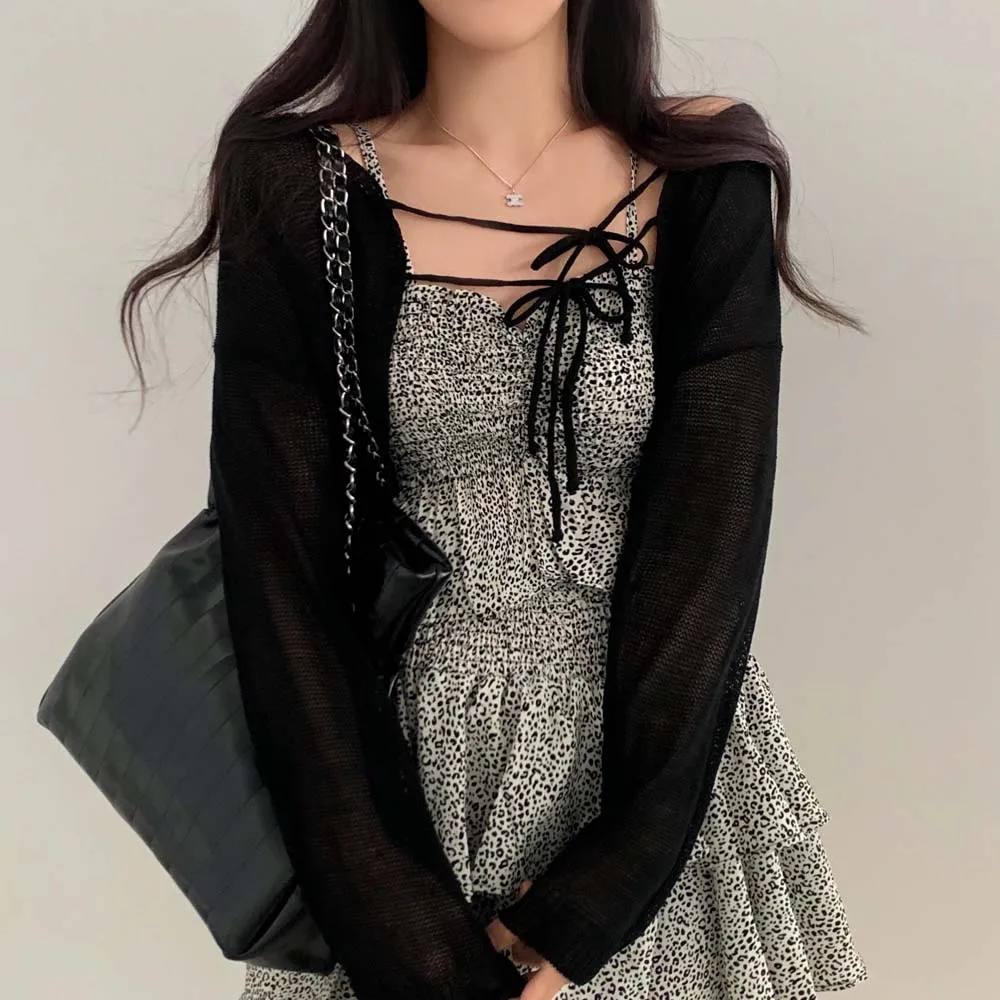 سترة نسائية محبوكة طويلة من Sve لربيع وخريف كورية أنيقة ملفوفة على الكتف وعقدة ملونة