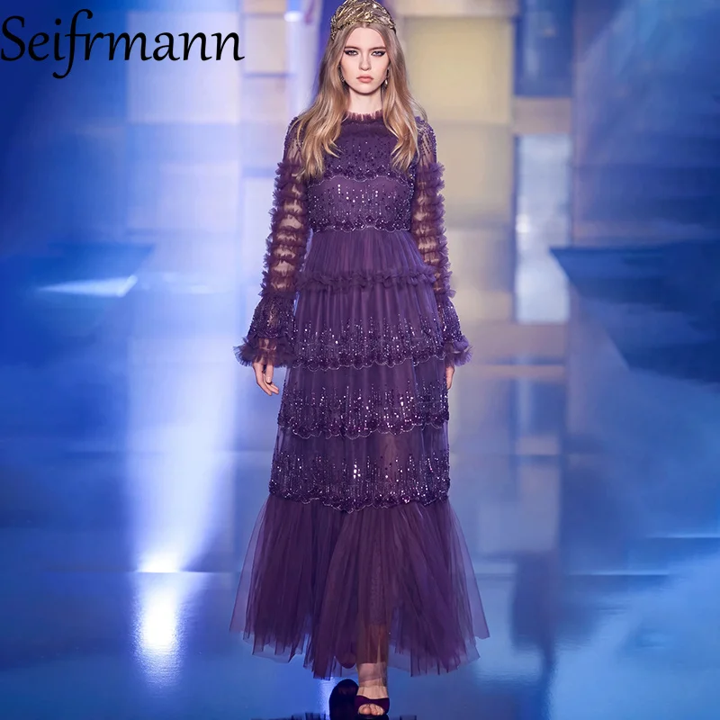 Seifrmann Spliced ​​beaded sequin ruffle dress round neck long sleeve waist long dress 2026 autumn women's new style