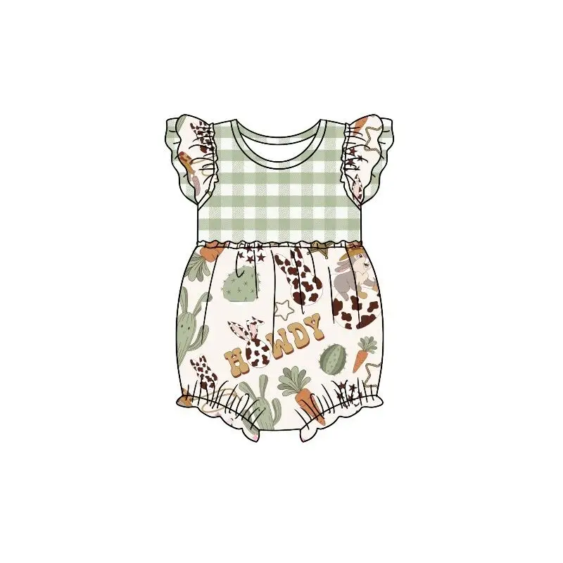 New Easter clothing baby girl small flying sleeve jumpsuit green plaid rabbit multi-element toddler summer clothing milk silk