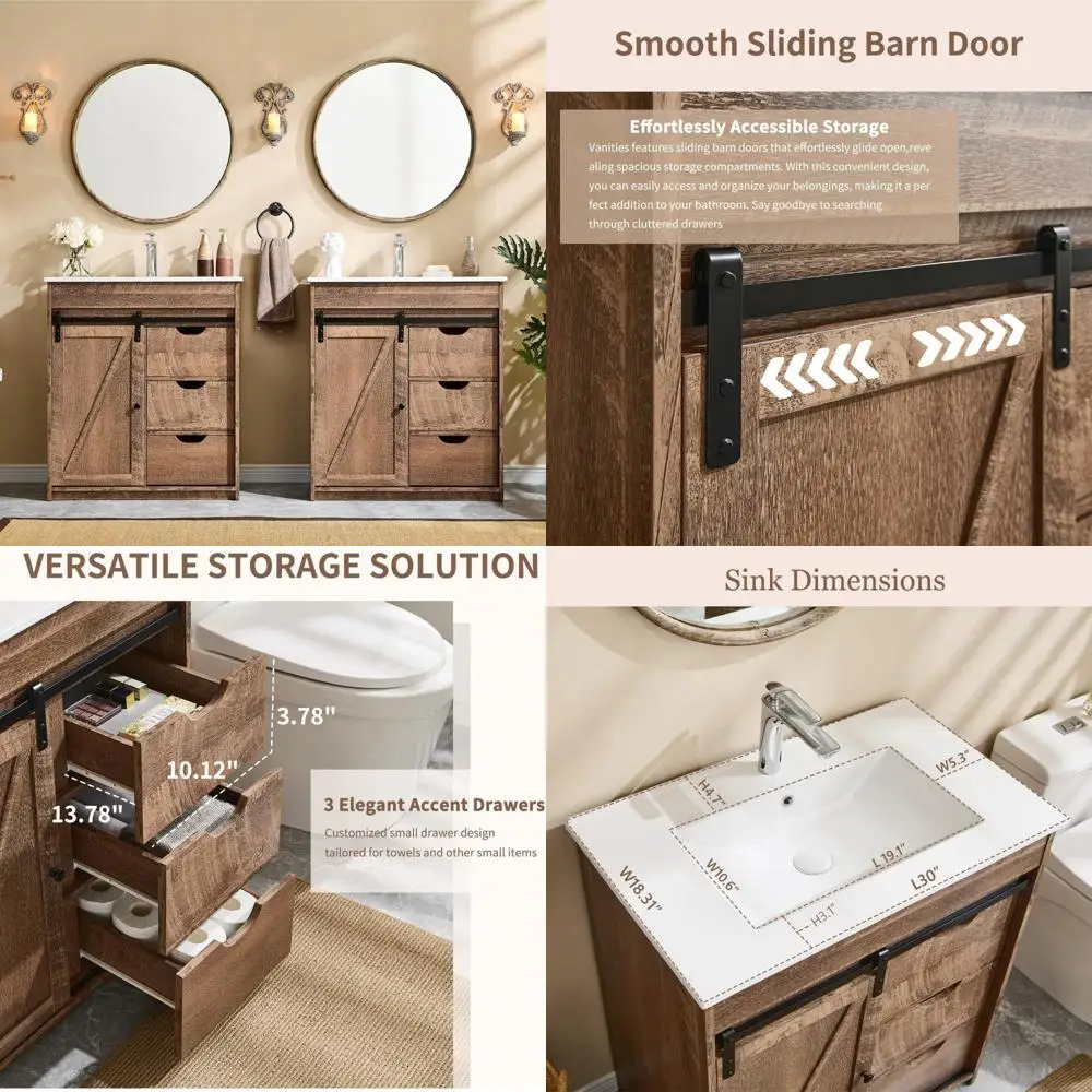 

pair of 30-inch modern farmhouse vanity sets with sliding barn doors and 3 drawers