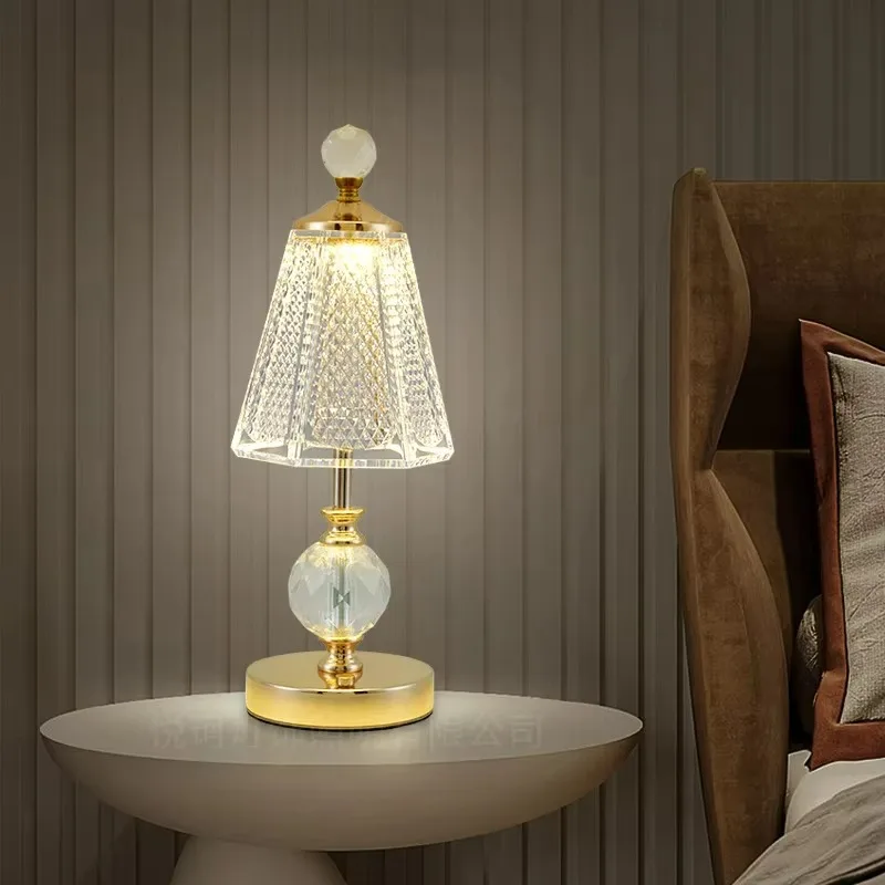 Retro Rechargeable Led Light Crystal Wireless Table Lamp Portable Touch Frontal Lamp Decoration Desk Lamp