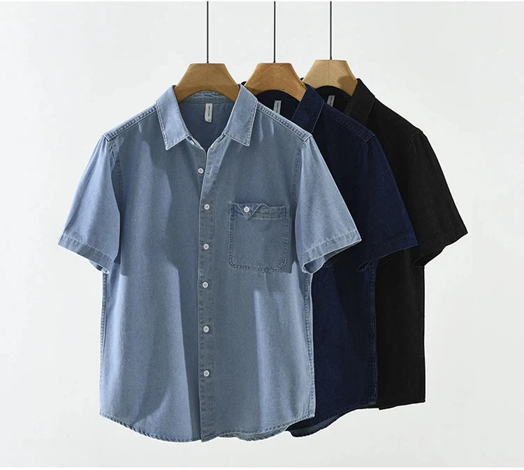 

Classic Style Short Sleeve Denim Shirt Men Summer New Jean Shirts Male Pure Cotton Cowboy Top with Pocket Daily Casual Shirts