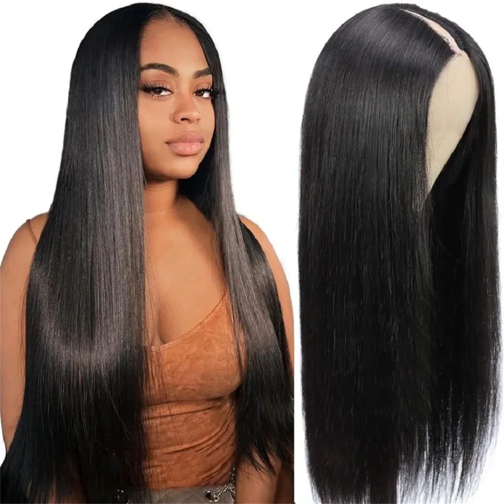 V Part Wig Human Hair Ready To Wear Gluelss Straight Lace Front Wig 180 Density Pre Plucked 30 32 Inch Ready To Go Remy Hair