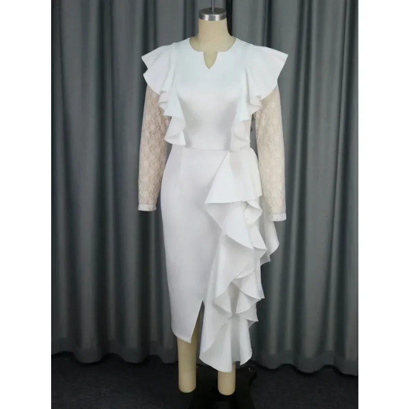 

Женское элегантное белое вечернее платье по индивидуальному заказу с v-образным вырезом и кружевом с длинными рукавами и оборками, облегающее платье для дня рождения, вечера, свадьбы, гостя, дня рождения