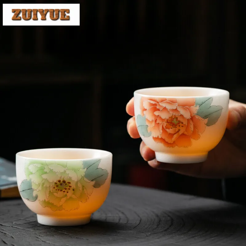 

130ml Jade Porcelain Handmade Master Cup Household Handpainted Peony Teacup Boutique Cute Cup Meditation Cup Tea Items Crafts