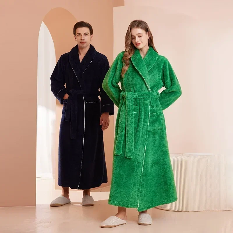 Fashionable double-sided thick plush nightgown women 2024 autumn and winter new item men's and women's couple extended bathrobe