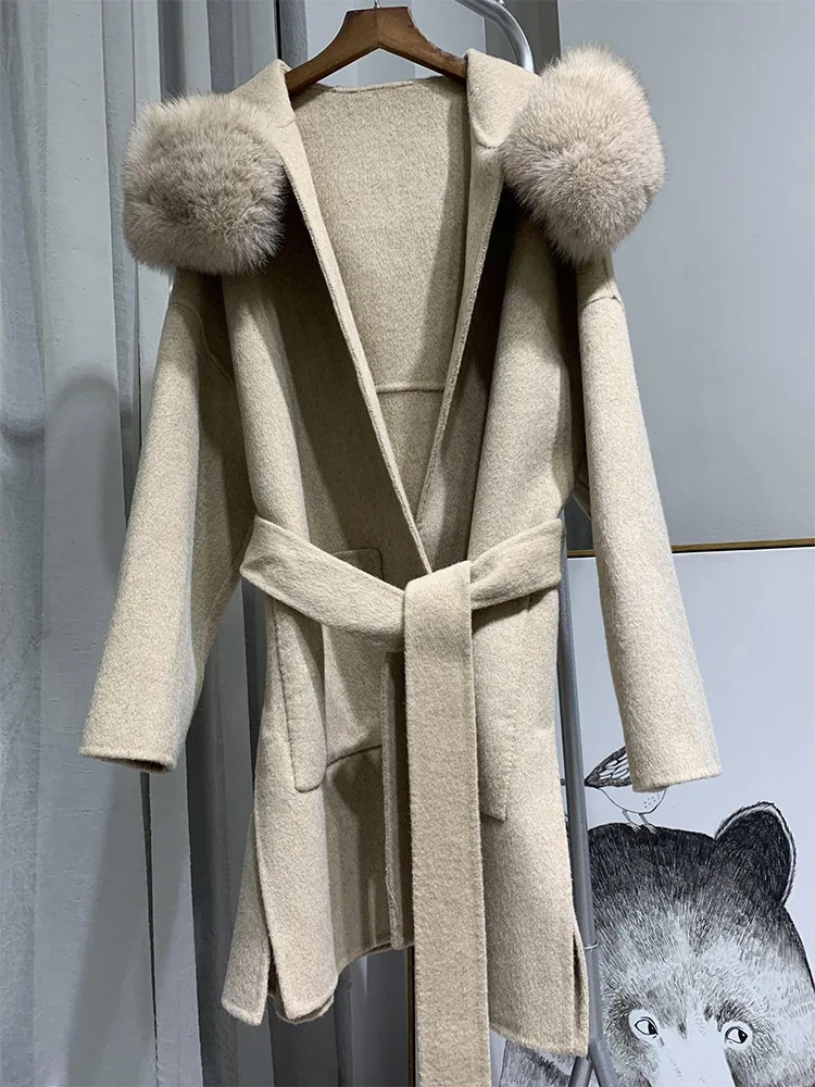 2023 New Women Natural Big Fox Fur Collar Wool Coat Double-sided Cashmere Coat Hooded Wool Jacket Fashion Lace-up Fit Autumn Win