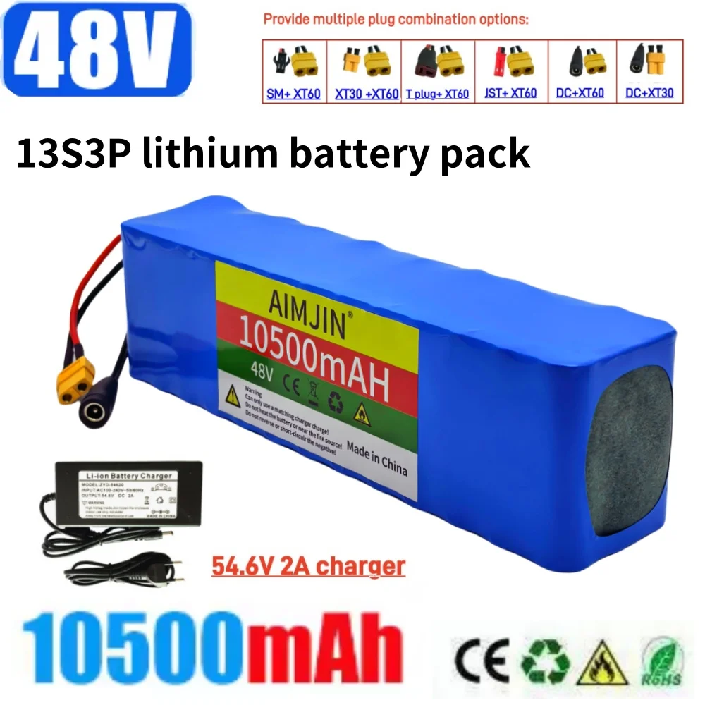 

New 13S3P 48V 10.5Ah 1000W XT60 48V Lithium Ion Battery Pack with BMS Battery Lithium Battery 54.6V Charger