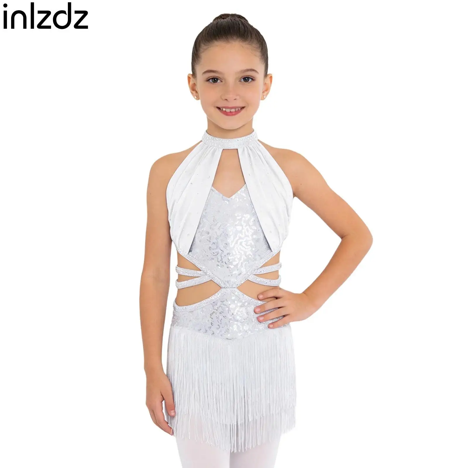 

Детское платье для латиноамериканских танцев для девочек, без рукавов, с вырезами, на бретельках, с бахромой, стразами и пайетками, для выступлений в стиле чача, самба, сальса