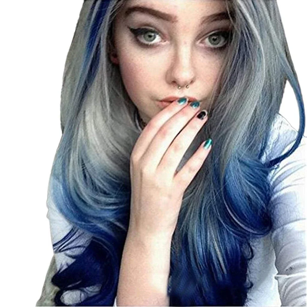 Synthetisch haar Lang Blauw Ombre Grijs Pruik Golvend Dames Kostuumpruiken Lolita Cosplaypruik Pelucas Regenboogpruik