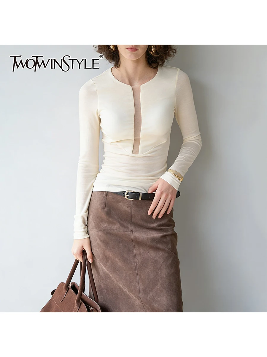 

TWOTWINSTYLE Solid Slimming Sheer Spliced Meah Basics Rompers for Women Round Neck Long Sleeves Fashion Romper Female Clothing