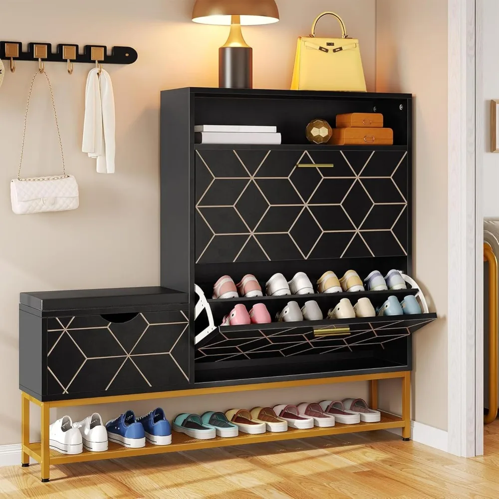 

Large Shoe Storage Cabinet with Flip Drawers and Bench for Entryway