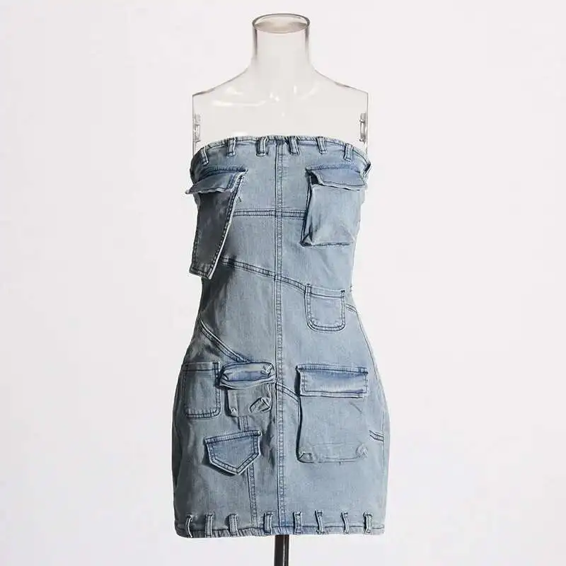 ANJY ฤดูร้อนใหม่ผู้หญิง INS อินเทรนด์ Punk Safari สไตล์ DENIM Patchwork Multi-Pocket SLIM FIT สั้นชุด HK6136