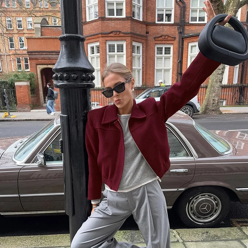 

Женская короткая куртка KIDCRKJ бордового цвета, элегантная, с отложным воротником, свободного кроя, в стиле бомбер, для женщин, весна 2026, модная женская верхняя одежда