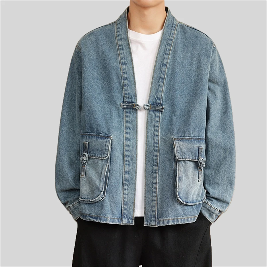 

Large Size Denim Jackets Men Vintage Washed Jacket Mens Disc Buckle Loose Casual Jacket Coat for Man Spring Autumn Tang Suit 5XL