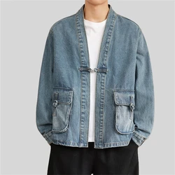 Large Size Denim Jackets Men Vintage Washed Jacket Mens Disc Buckle Loose Casual Jacket Coat for Man Spring Autumn Tang Suit 5XL