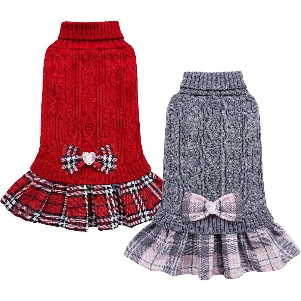 

Комплект из 2 свитеров для маленьких собак с бантом и высоким воротником - Вязаная зимняя одежда для девочек-попугаек - Теплый свитер для йорков, чихуахуа