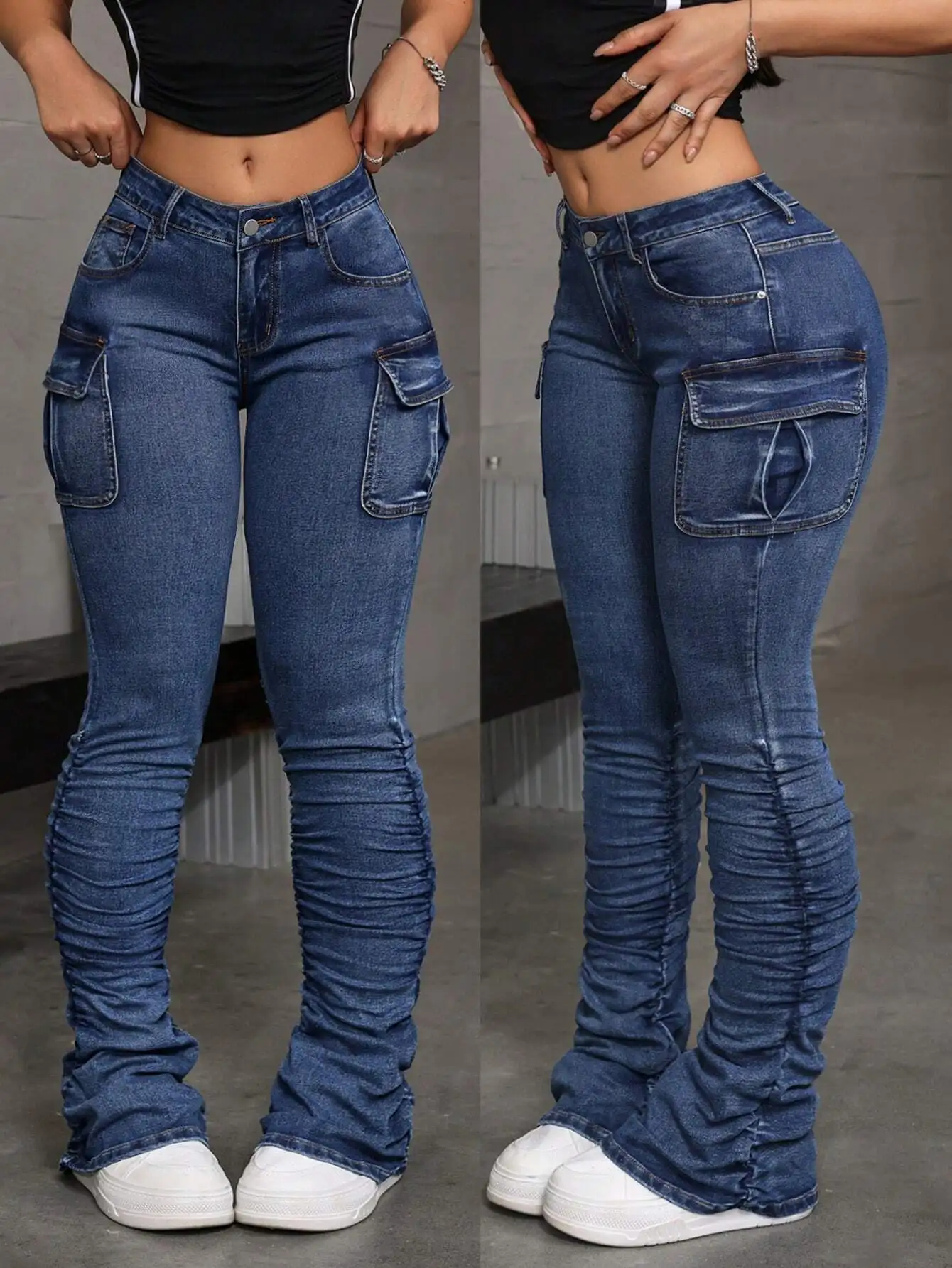 

Женские джинсы-карго с низкой талией, рюшами и боковыми карманами, облегающие джинсовые брюки для повседневной уличной одежды