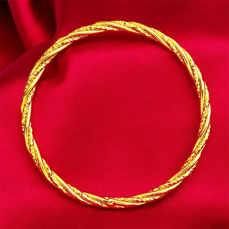 

24K Yellow Gold Fried Dough Twists Bracelet, 999 Real Gold Rope Bangle for Women Man Fashion Wedding Party Charm Jewelry