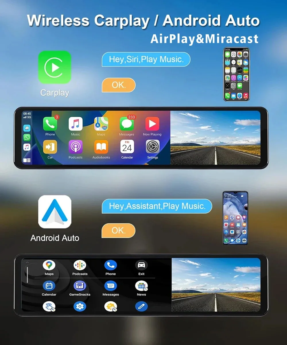 Dashcam per specchietto retrovisore per auto Carplay da 12 pollici 4K HD con telecamera per retromarcia e display touchscreen