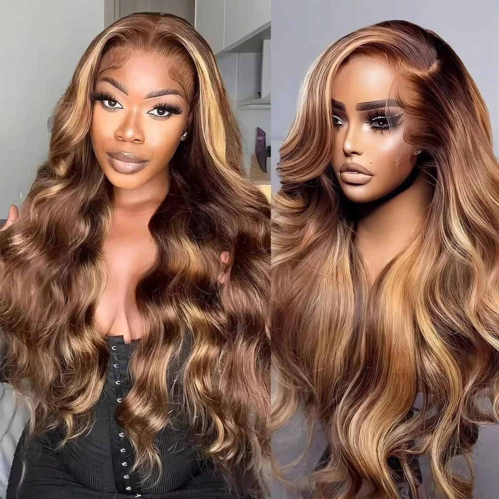 4/27 Highlight Body Wave Wig Human Hair Brazilian 30 36 Inch Colored Ombre Blonde 13x6 HD Transparent Lace Frontal Wig For Women