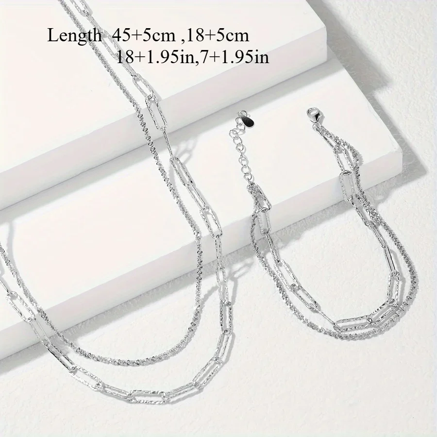 Luxury Brand 2pcs Lovely 925 Sterling Silver Necklace Bracelet Jewelry Set For Women Paperclip Chain Party Wedding Engagement image 2