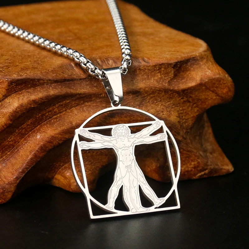 Geometric Laser Cutting Stainless Steel Uomo Vitruviano Necklace Decor Perfect Proportion Human Da Vinci Sketch Pendant Chain
