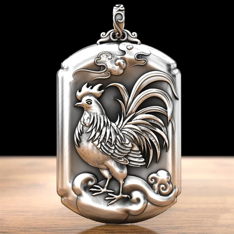 Men Vintage Rooster Zodiac Animal Pendant Retro Cloud Relief Engraved Rectangle Tag Amulet Pendant Ethnic Spiritual Necklace