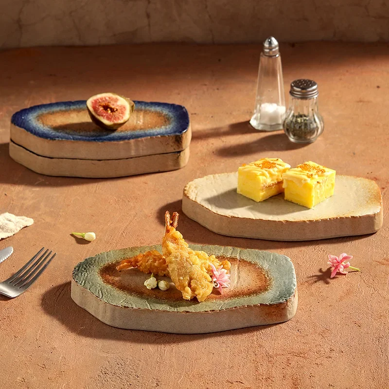 Retro Japanese Ceramic Dishes - Irregular Yakitori and Sushi Plates, Kiln - Changed Flat Plates for Home & Commercial Use