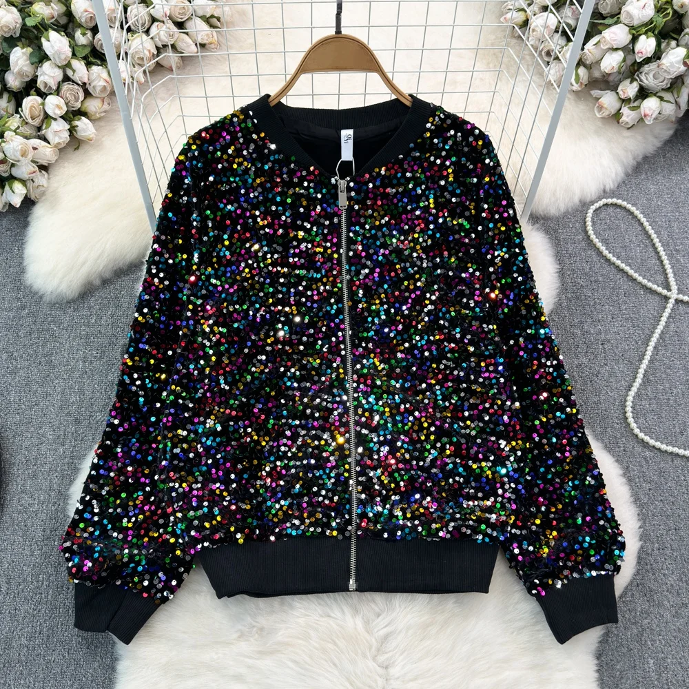 Clothland Women Sexy Sequined Jacket Zipper Long Sleeve Shinning Female Chic Fashion Coats Mujer CB082