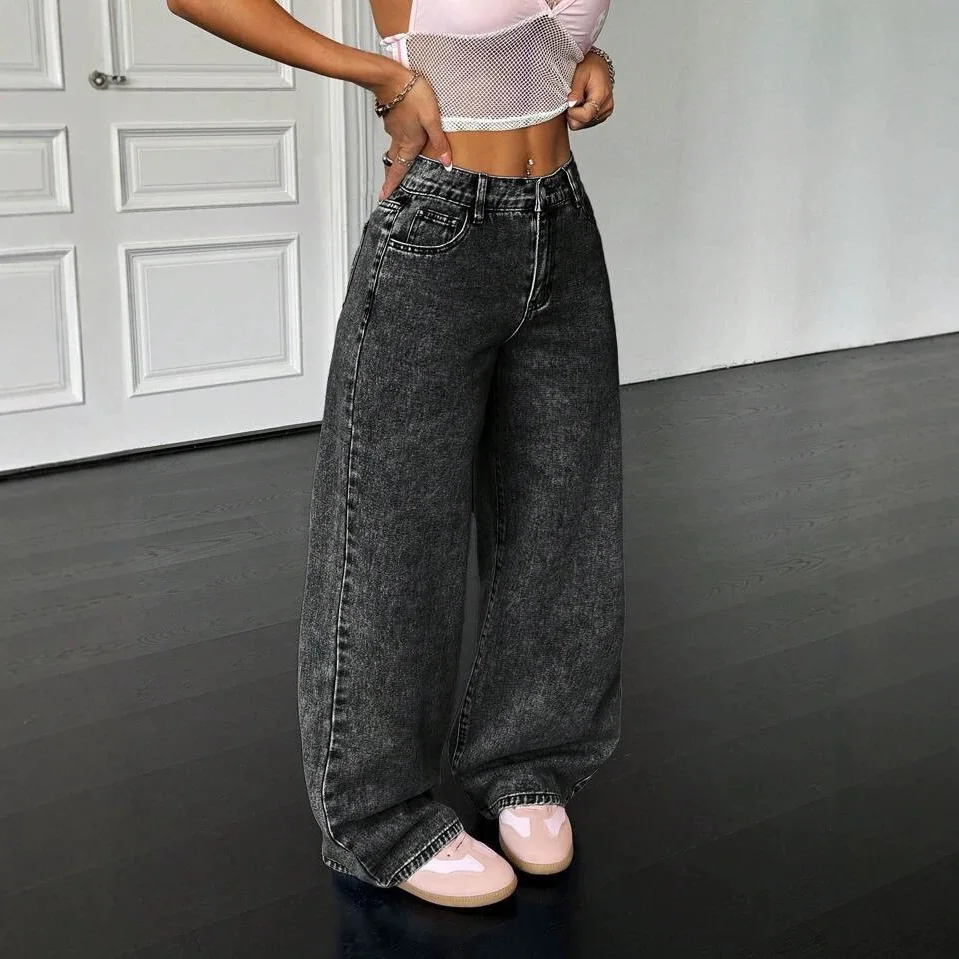 Casual Women Dark Gray Acid Wash Wide Leg Jeans Butterfly Embroidery Loose Floor‑Length Denim Trousers