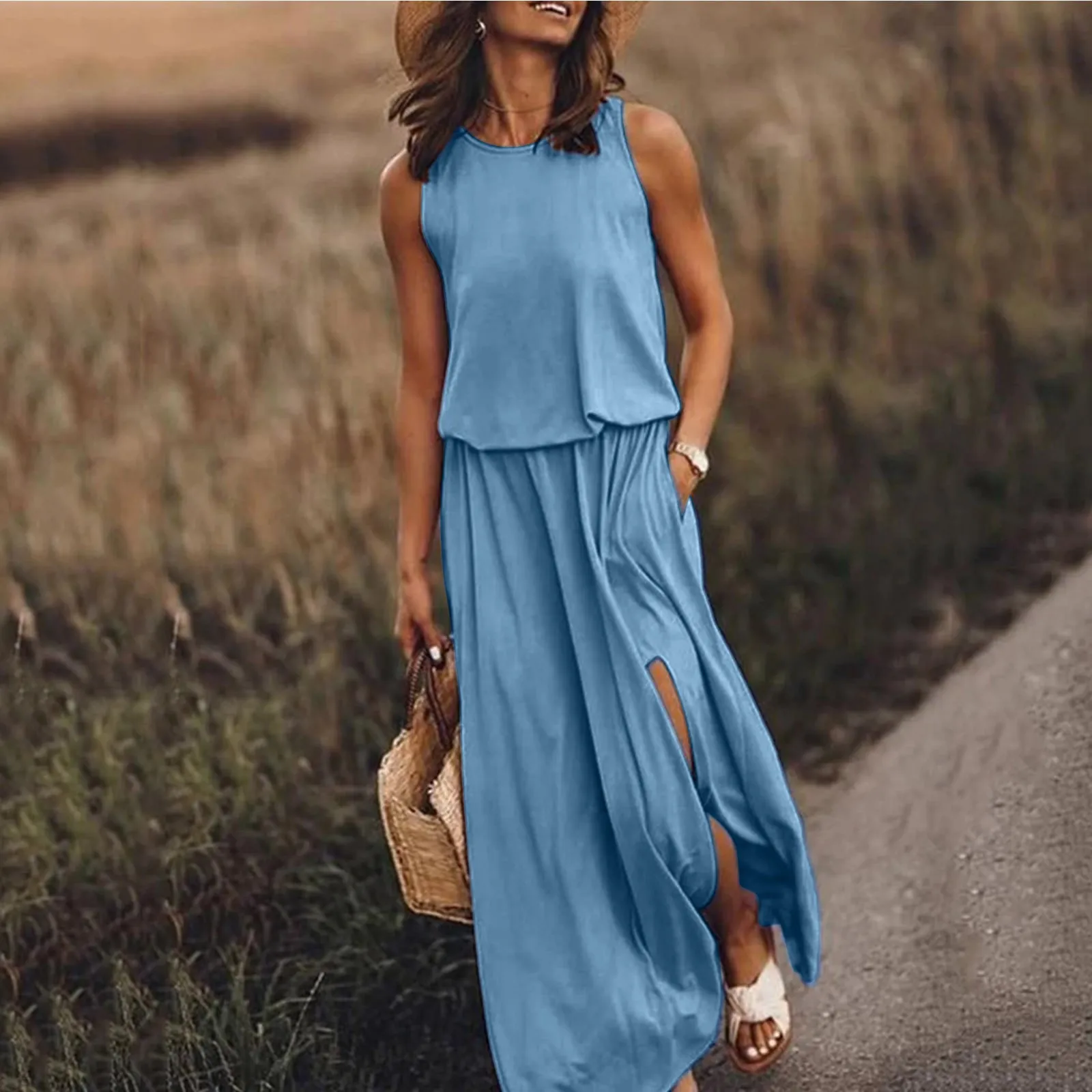 

Summer New Women'S Dress Crewneck Sleeveless Top Slit Long Skirt Pure Color Simple Aesthetic Dress Summer Autumn Outdoor Dress