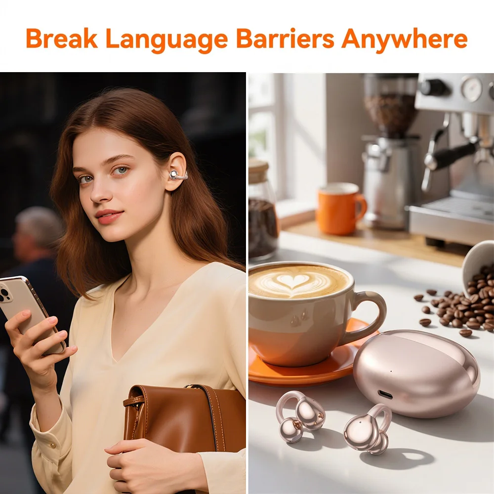 Auriculares Inalámbricos M110 Bluetooth 5.4 con Traducción por IA, Clip para la Oreja Antideslizante para Correr y Deportes 360 ° Sonido con Micrófono y Estuche de Carga