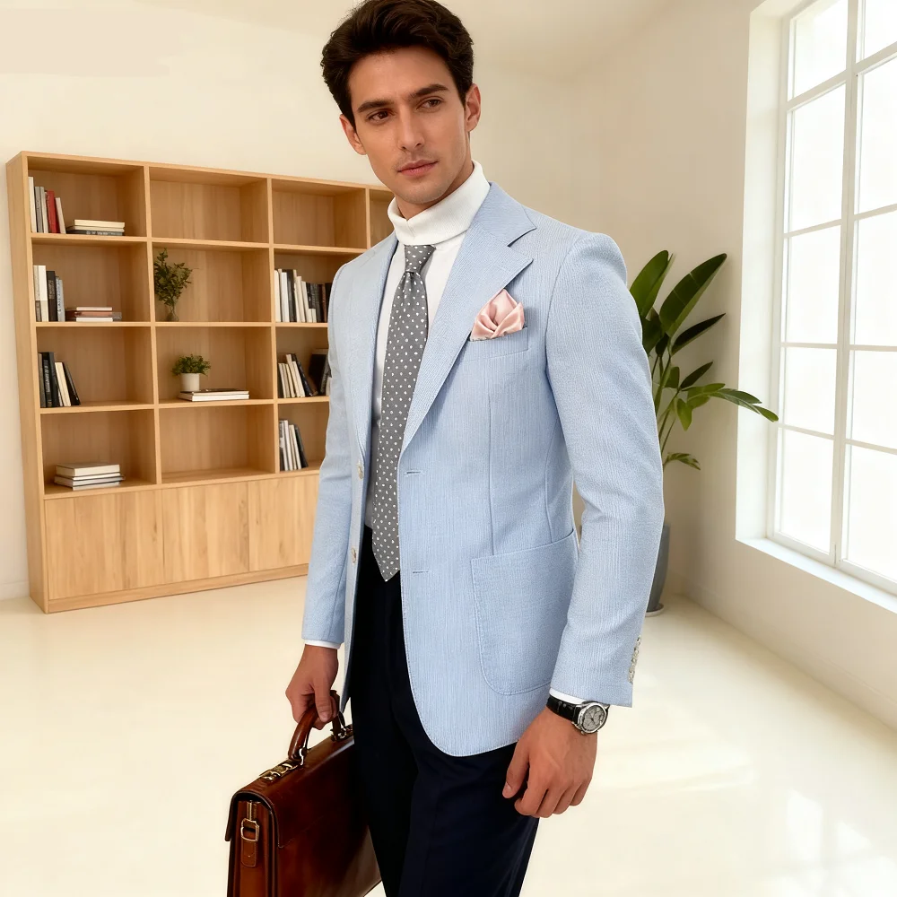 

Summer Seersucker 2-Piece Men's Blue Striped Blazer Suit with Notched Lapel Casual Wedding Fine Fit Trousers Male Fashion