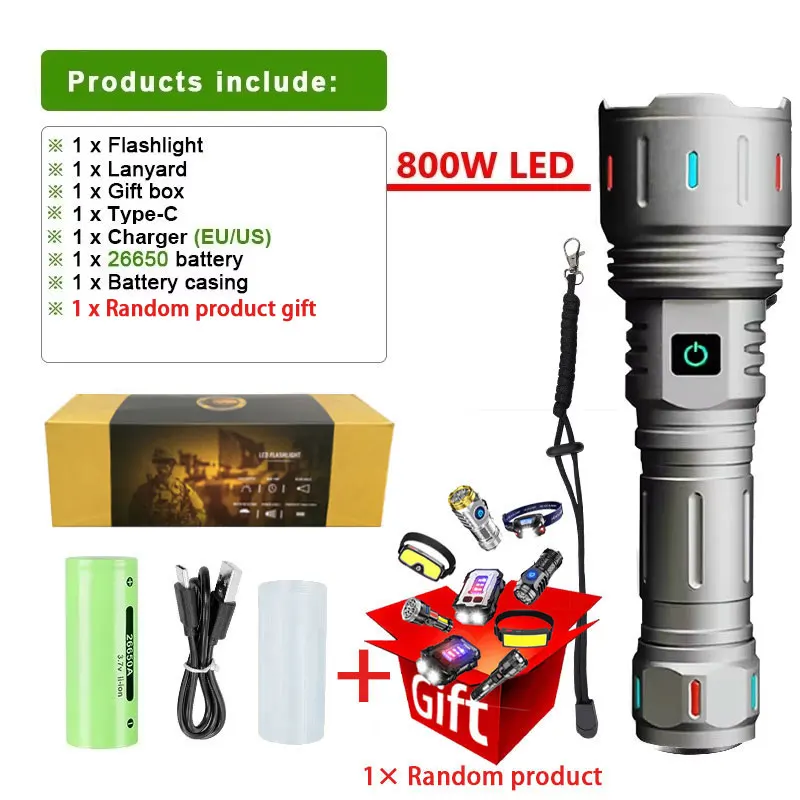 200000 Linterna LED más potente LM, linterna recargable de alta potencia, linterna táctica militar de largo alcance, antorcha para campamento al aire libre