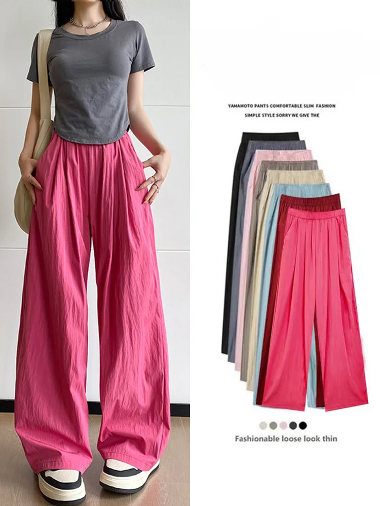 المرأة واسعة الساق السراويل الطويلة الربيع الصيف عادية مرونة الخصر مستقيم فضفاض الأساسية السراويل الإناث الصلبة السراويل السراويل