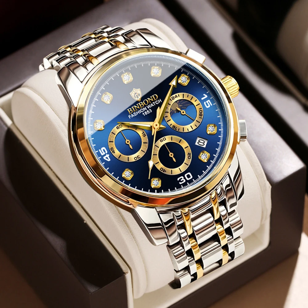 BINBOND Men's Watches Business Fashion Multifunctional Chronograph Moon Phase Date Waterproof Luminous Original Quartz Watch New
